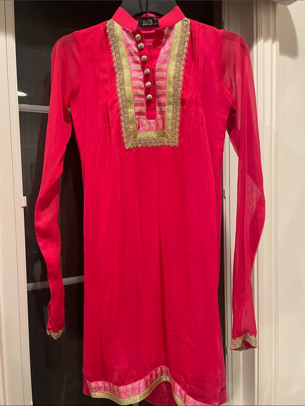Pink Girls' Embellished Indian Dress with Gold Trim